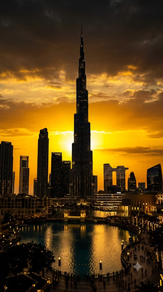 Burj Khalifa at golden hour over Dubai water